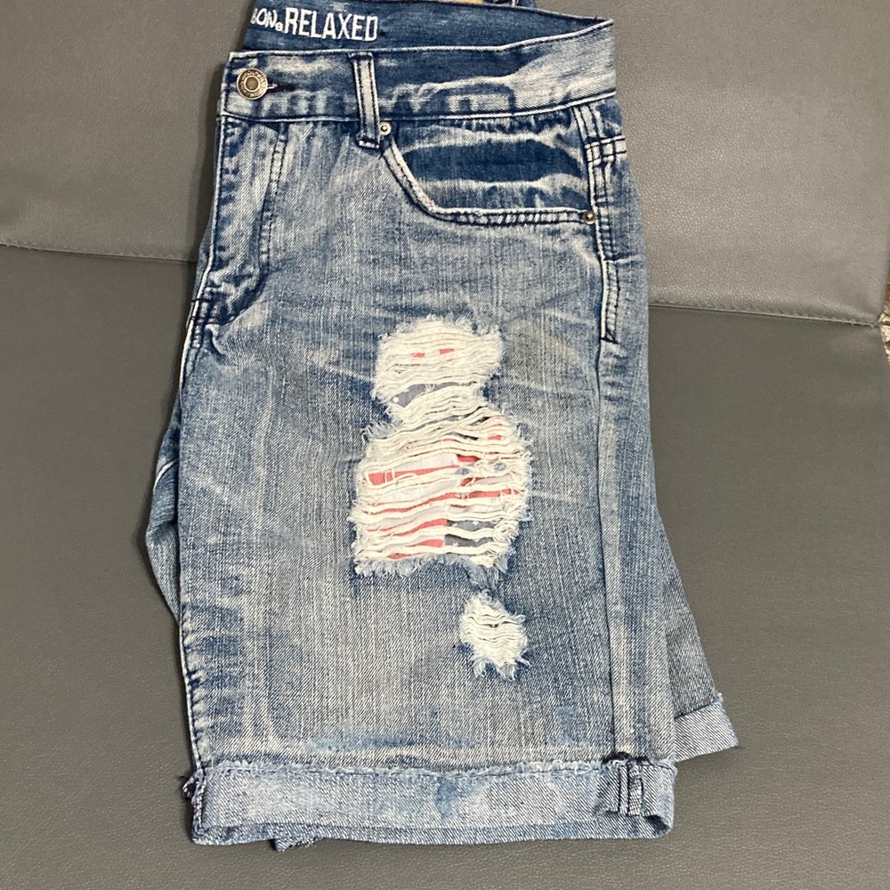 Carbon Blue US Flag Jean Shorts with Distressed Details - Picture 3 of 10